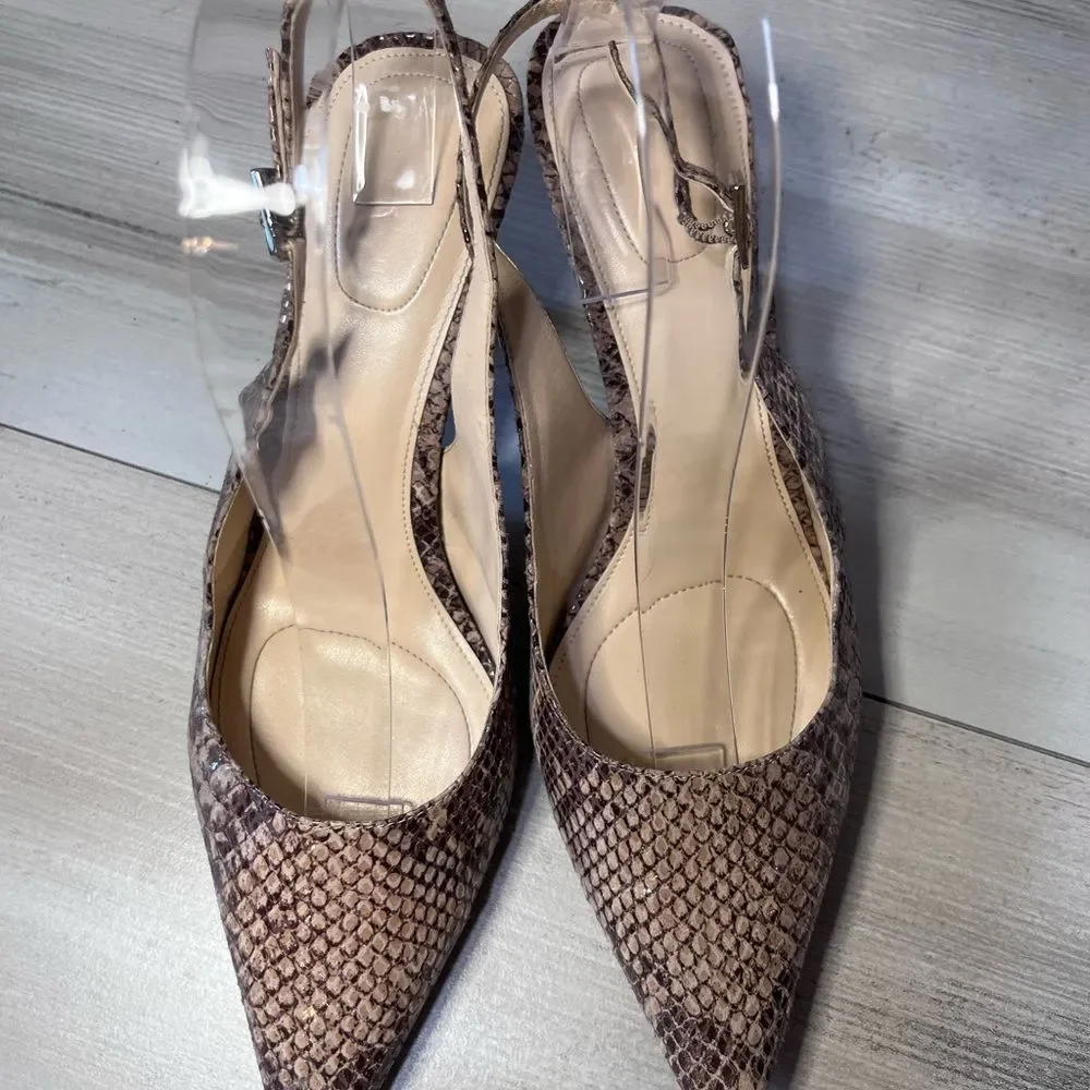Women's Pointed Toe Slingback Heels in Taupe Snake Print